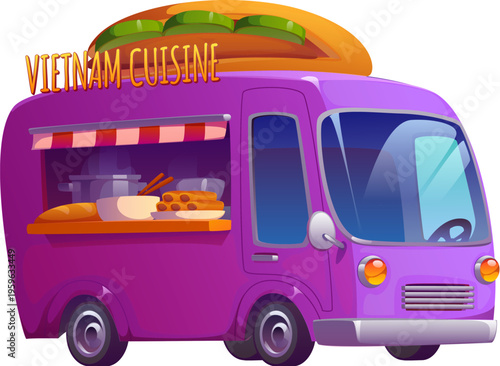 Cartoon vietnamese cuisine food truck bus, cafe vintage foodtruck. Festival cartoon food truck car, vietnamese cuisine vintage cafe vector bus. Street isolated foodtruck van kiosk or mobile booth