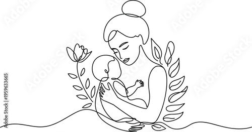 Mother Holding Baby Embrace Botanical Elements Minimalist Line Art Tender Connection Soft Organic Flow