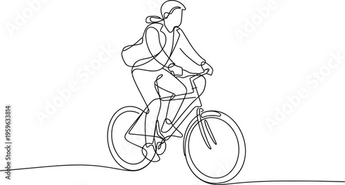 Person Cycling with Backpack Single Line Drawing Outdoor Activity Minimalist Style