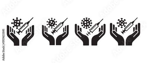 Hands Holding Vaccine Syringe and Virus Icons. Symbolizing Healthcare Protection and Global Immunity.