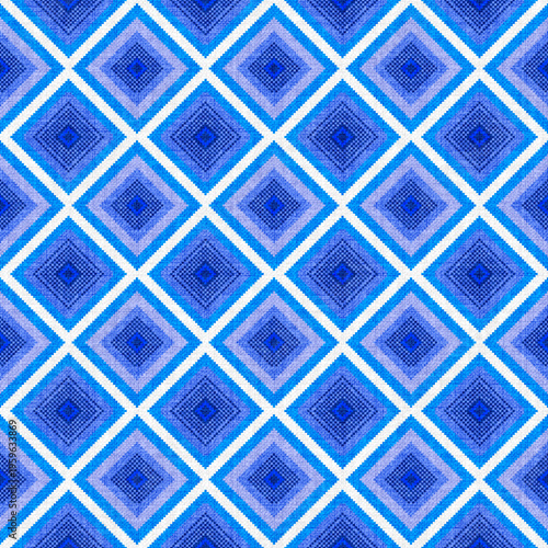 Blue Diamond Geometric Seamless Pattern with Gradient Texture, Modern Abstract Tile Background, Symmetrical Repeat Design for Textile, Wallpaper and Surface Design