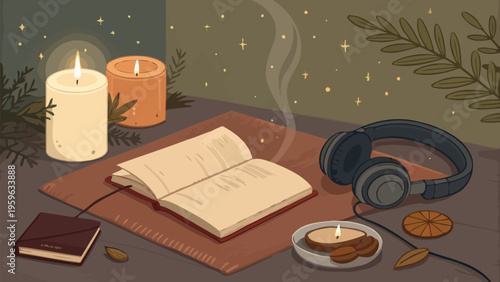Cozy reading nook with candles book headphones and tea for relaxation and calmness at night