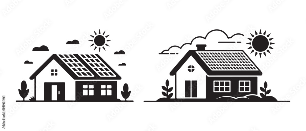 Fototapeta premium Solar panel house illustration alongside a traditional home, depicting sustainable living and renewable energy..