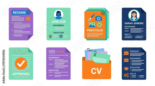 Vector illustrations of colorful business resumes and documents on a clean desktop workspace with organized files and papers