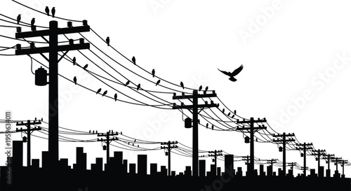 Black silhouette cityscape with electric utility poles, power lines, and birds, isolated on white background, cad drawing, flat vector illustration