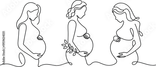 Pregnant Women Line Art Illustrations Showing Belly Gestation Stages Minimalist Style