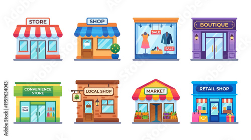 A vector illustration of various colorful storefronts including a boutique, market, and retail shop in a lively shopping district scene.