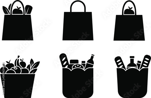 Vector illustration of grocery shopping bags filled with food items, bread, produce, bottles, and market goods in silhouette design