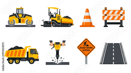 Construction workers use heavy vector machines to build a new road with various equipment.