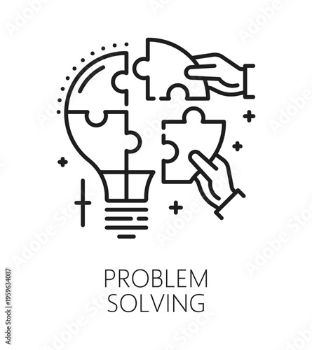 Problem solving life skills line icon or pictogram. Human life skills outline vector symbol, people potential icon. Problem solving personal ability lineart pictogram with light bulb jigsaw puzzle
