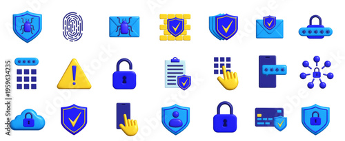 Set of blue 3d security icons show protection with shields locks and passwords. Vector illustration