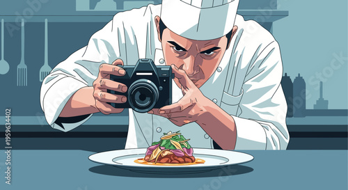 Chef photographing culinary creation in modern kitchen
