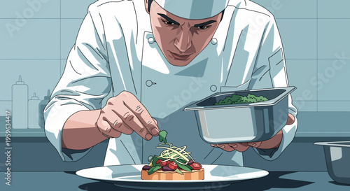 Chef carefully garnishing dish in modern kitchen with precision and skill