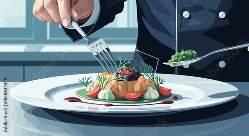 Chef preparing gourmet dish in sunlit kitchen with fresh garnishes