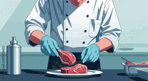 Chef preparing gourmet steaks in modern kitchen with precision