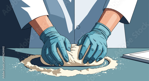 Hands kneading dough in kitchen with blue gloves in modern art style