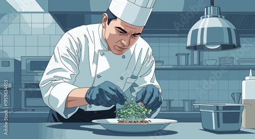 Professional chef garnishing dish in modern kitchen setting