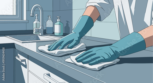 Cleaning routine in modern kitchen with gloves and cloths