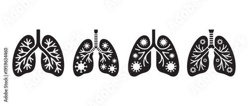 Set of Human Lung Icons. Healthy Respiratory Organs Versus Viral Infection and Disease on White Background.