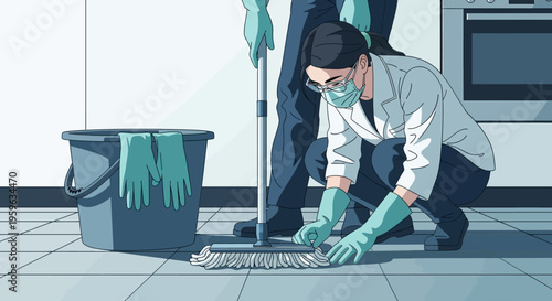 Cleaning crew in action: healthcare professionals disinfect medical facility