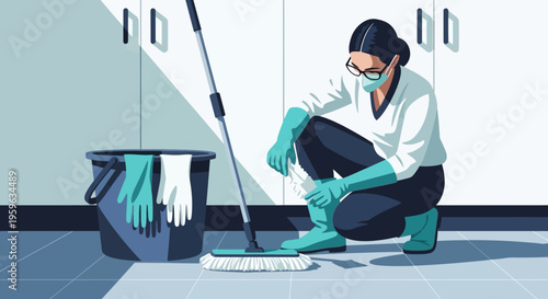 Professional cleaner in modern workspace wearing gloves, mask, and using mop nearby bucket