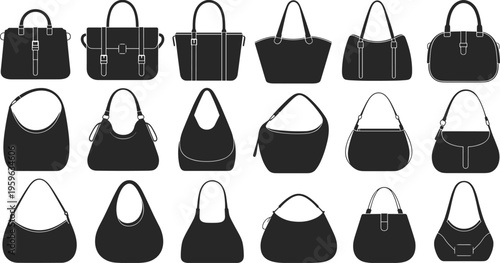 Vector illustration of sixteen handbag silhouettes arranged in grid layout showing tote bags, satchels, shoulder purses, and hobo designs
