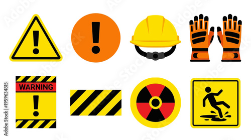 A vector illustration of warning signs and safety symbols including a hard hat and gloves on a clean surface.