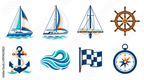 Vector nautical icons showcase sailing ships, anchors, and navigation tools on a wave background with a compass.