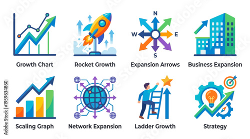 Business growth vector concepts with strategy and network expansion in a modern office setting with graphs and charts.