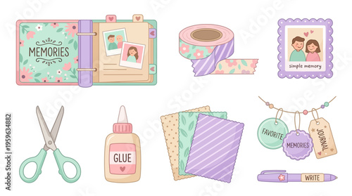 A colorful vector illustration of crafting supplies and memories displayed on a table indoors.