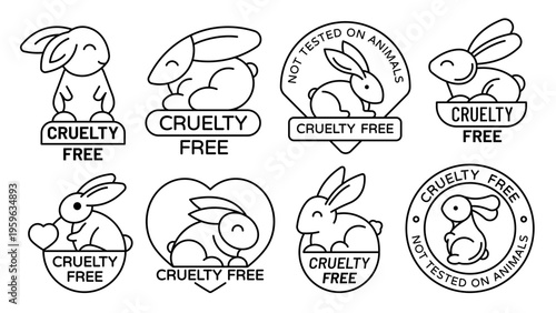 Cruelty free icons with vector line rabbit or bunny animals in heart and round frames. Vegan, natural organic beauty product stamps, makeup cosmetics and perfume badges with cruelty free bunny icons