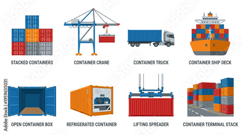 Vector illustration of stacked shipping containers and industrial port equipment with trucks and cranes in a busy harbor scene with terminal stacks.