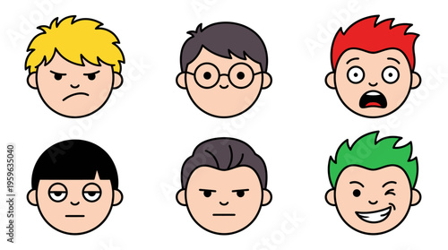 A vector illustration of six cartoon heads with different emotions and hairstyles.