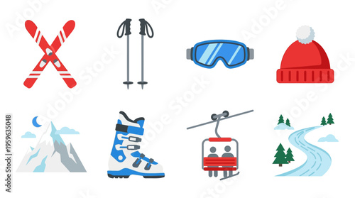 Skiers prepare for a thrilling mountain run with vector graphics of equipment and scenic views.