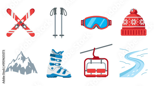A vector illustration of winter sports equipment and a mountain landscape with a ski lift, showcasing a snowy scene with skis, boots, and goggles.
