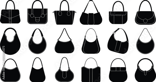 Vector illustration of sixteen handbag silhouettes in grid layout showing fashion accessories, purses, shoulder bags, and stylish design variations