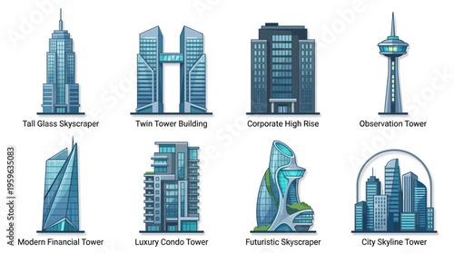 Vector illustrations of various modern skyscrapers and city towers in a urban landscape with glass and steel architecture