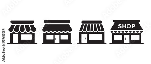 Set of Minimalist Black Shop and Storefront Icons with Awnings on White Background, Representing Retail Commerce.