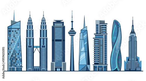 A vector illustration of a cityscape with various skyscrapers and towers standing tall in a modern metropolis at dusk.