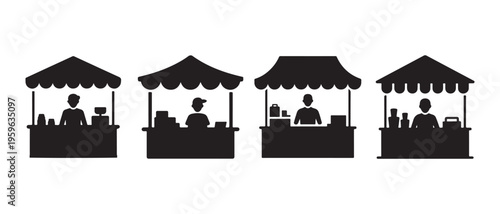 Set of diverse market stalls icons with vendors operating street shop booths in black silhouette, isolated on white for e-commerce design.