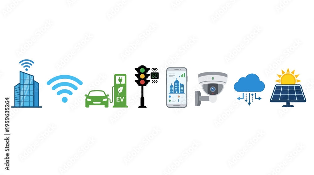 Obraz premium Vector graphics illustrate smart city infrastructure with connected devices and renewable energy sources in a modern urban landscape.