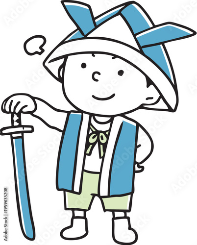 折紙の兜を被り刀を構える男の子_2色