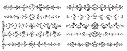 Outline and line flower divider borders. Vector set of elegant black and white floral linear separators, decorative ornamental trims features arrangements of flowers, leaves and vines for invitations