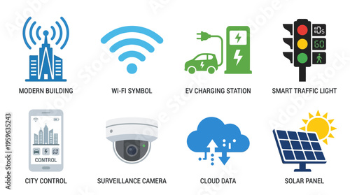 Modern cityscape with vector graphic icons illustrating smart technology infrastructure for efficient urban management and renewable energy solutions.