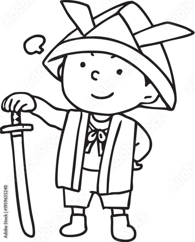 折紙の兜を被り刀を構える男の子_線画