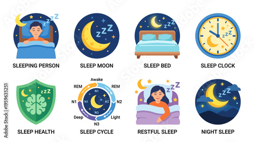 A peaceful vector illustration of a sleeping person in bed under the night sky with a clock and moon nearby, promoting restful sleep and healthy sleep habits.