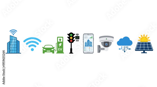 Vector graphics illustrate smart city infrastructure with connected devices and renewable energy sources in a modern urban landscape.