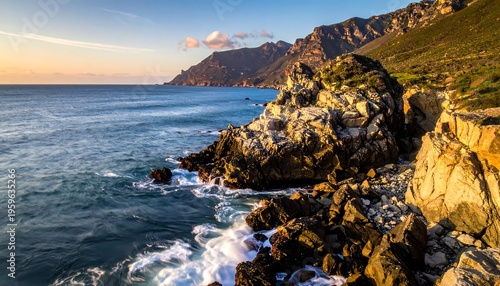 Dramatic Coastal Landscape at Sunset with Crashing Waves.