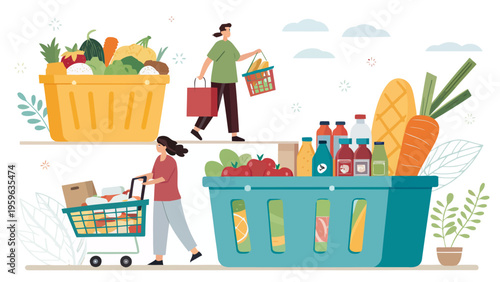 Supermarket shopping illustration set with people buying fresh food and groceries