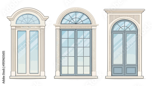 Elegant home window collection with stylized frames and arched details in beige and blue hues